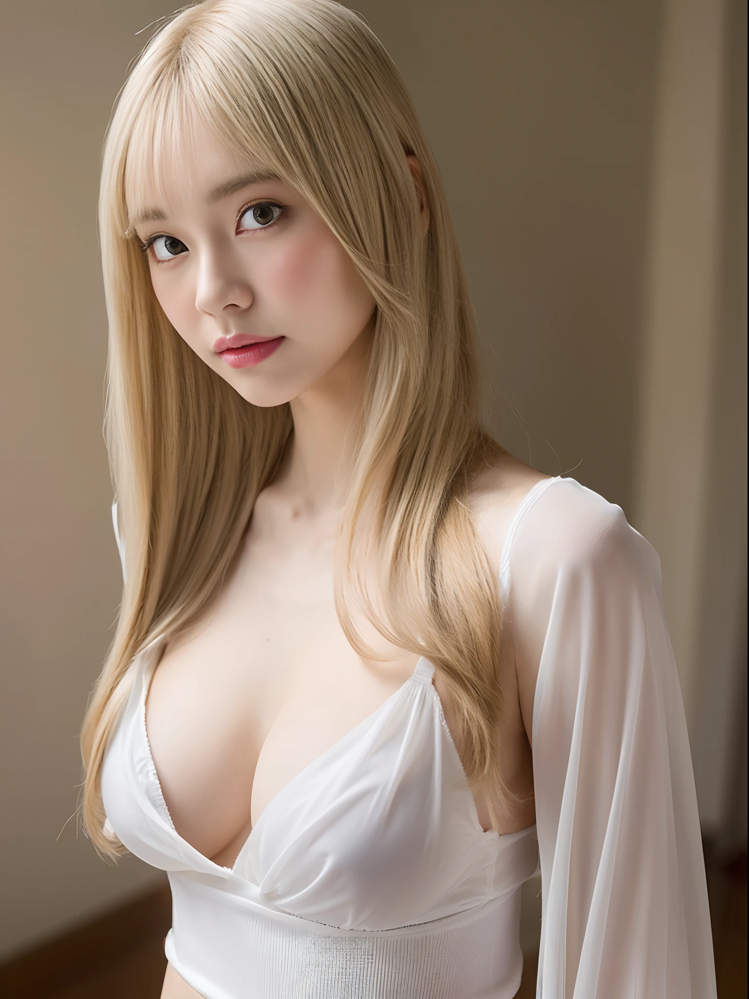 1 persons、gals、Beautie、Semi-long blonde hair、Beautiful Large Breasts、A slender、Toned waist、doll with bare skin(See-through fabric)、Puffy nipple  、Model for 1 person、