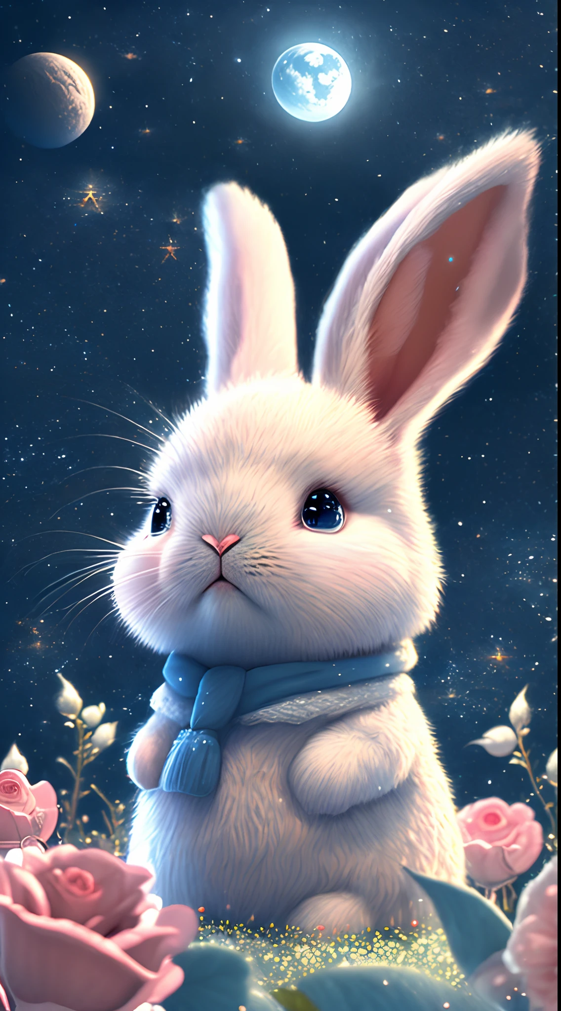 In this ultra-detailed CG art,a moon,during night,starrysky,Cute rabbit surrounded by roses,Best quality at best,A high resolution,Complicated details,fanciful,