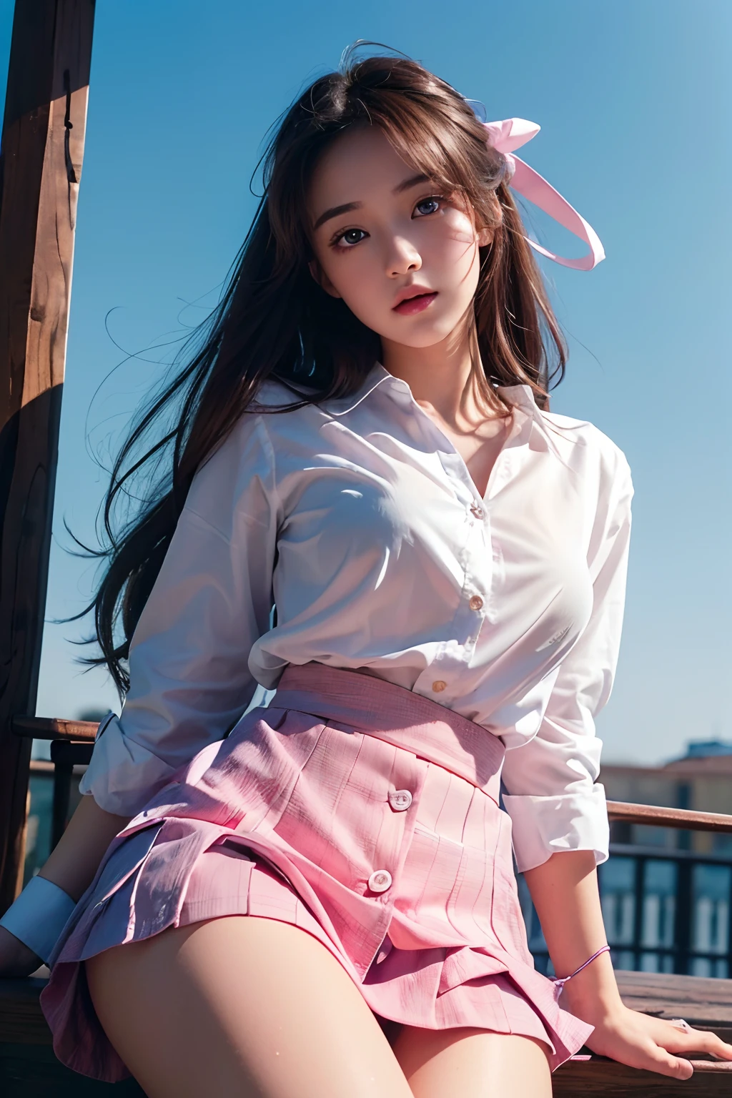(Detailed beautiful eyes and detailed face, Masterpiece Side Light, masutepiece, Best Quality, Detailed, High resolution illustration), (1 girl, Beautiful Girl, Shiny skin, Looking down, Looking at Viewer), ( Sky Blue Long Hair, Pink eyes, Skirt, bow ribbon, button-down shirt) 45 degree, upper view, Sideways, (Hand Detail)