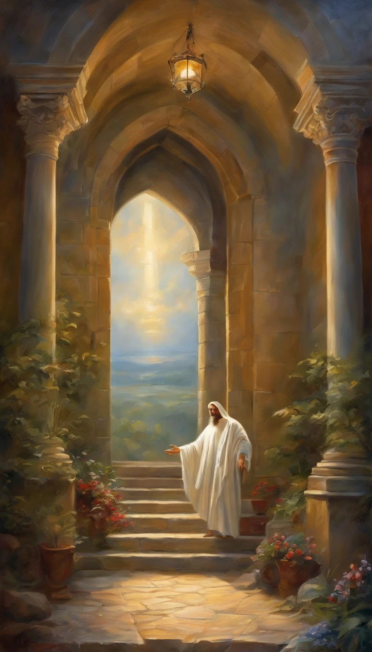 Vickers style, The graphics in the poster design are ocean colors, Living in the North Sea, Control thunderstorms at sea, portrait of jesus with white robe stand in front of The big door of the castle and opened his hands, Super sharp,Realistic details,Auspicious clouds, depth of fields, God Ray, fantasy coloring, romanticism lain, art-deco, Cinematic lighting, Depth of field, Sparkle, god light, Ray tracing, Ultra-wide angle, first person perspective, Wide shot, hyper HD, High quality, High details, Textured skin, Best quality