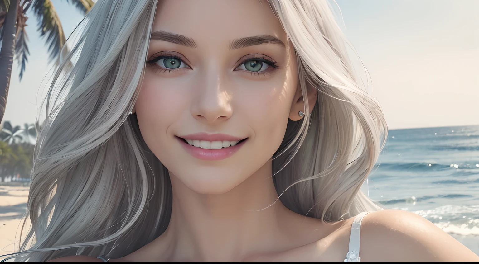 (Masterpiece, Best Quality, Photorealistic, high resolucion, photography, :1.3), (Woman in her 40s, )Close-up shots of faces, Close-up shots of faces, Close-up shots of faces, Sharp focus, (1 Girl, A European girl, Popular models), Realistic skin, Slender body type, Big breasts, (Her long, Pure white silver hair swept to the side, extremely detailed hair), Delicate sexy face, Organoleptic gases, Sparkling lips,(green pupil),(green pupil),(green pupil), ((realisitic, A hyper-realistic, realism, realistic detailed)), (Medium Tits:1.5), (White tank top T-shirt and ripped jean shorts), (A slender waist), (slim thigh), (Small hips), (Sorrisos), (seaside, waves, palm tree) (seaside, waves, palm tree), (Long straight hair), A woman is standing, (Sorrisos), (Sorrisos)
