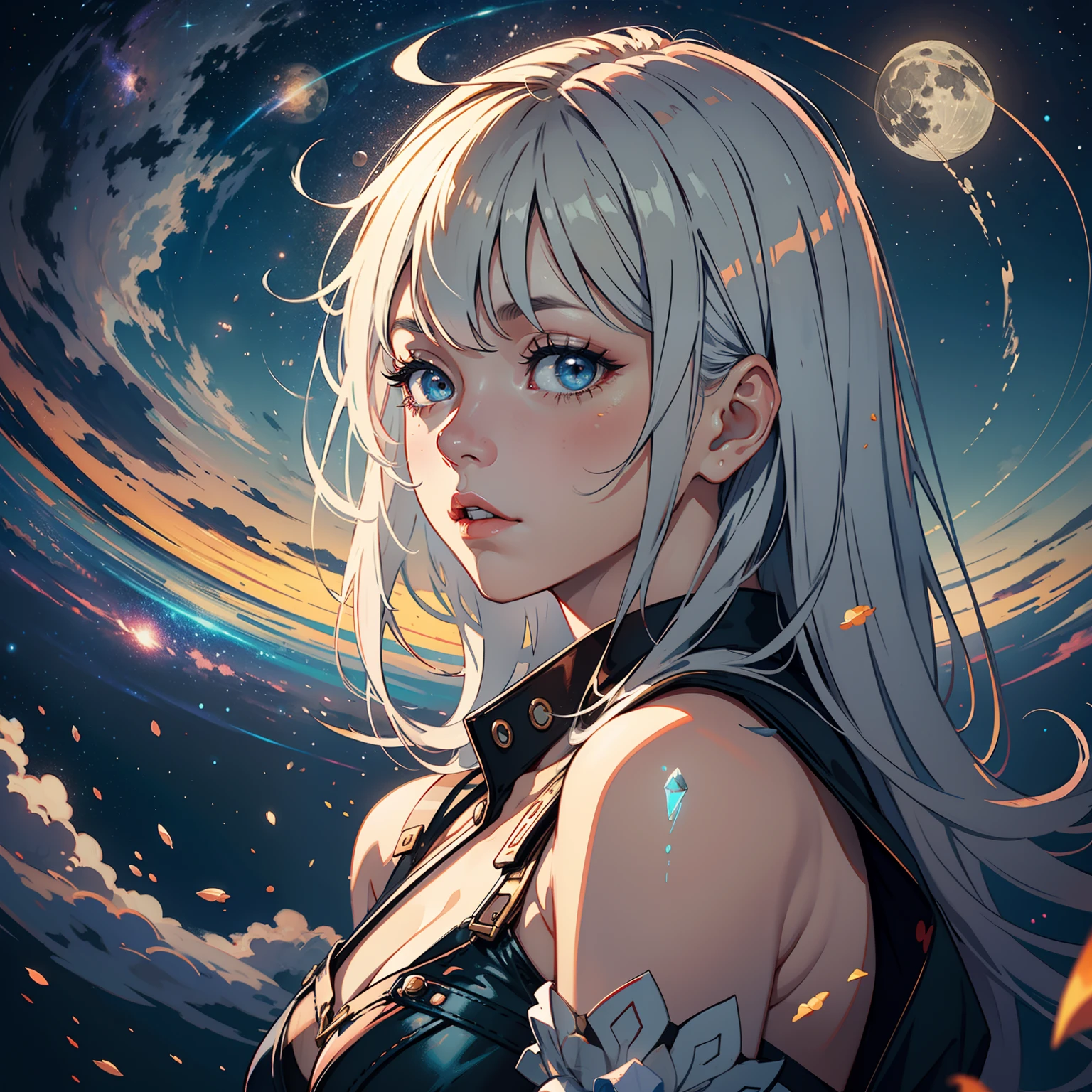 A girl looking at the starry night,whaite hair, stars, Cloud, meteors, full moon, view the viewer, (Girl focus:0.6)Break,Detailed,Realistic,4k highly detailed digital art,rendering by octane, Bio-luminescence, Break free from 8K resolution concept art, Realism,by Mappa Studios,Masterpiece,Best quality,offcial art,illustration,清晰的线条,(Cool_Color),Perfectcomposition,absurderes, fantasy,Focused,rule of third