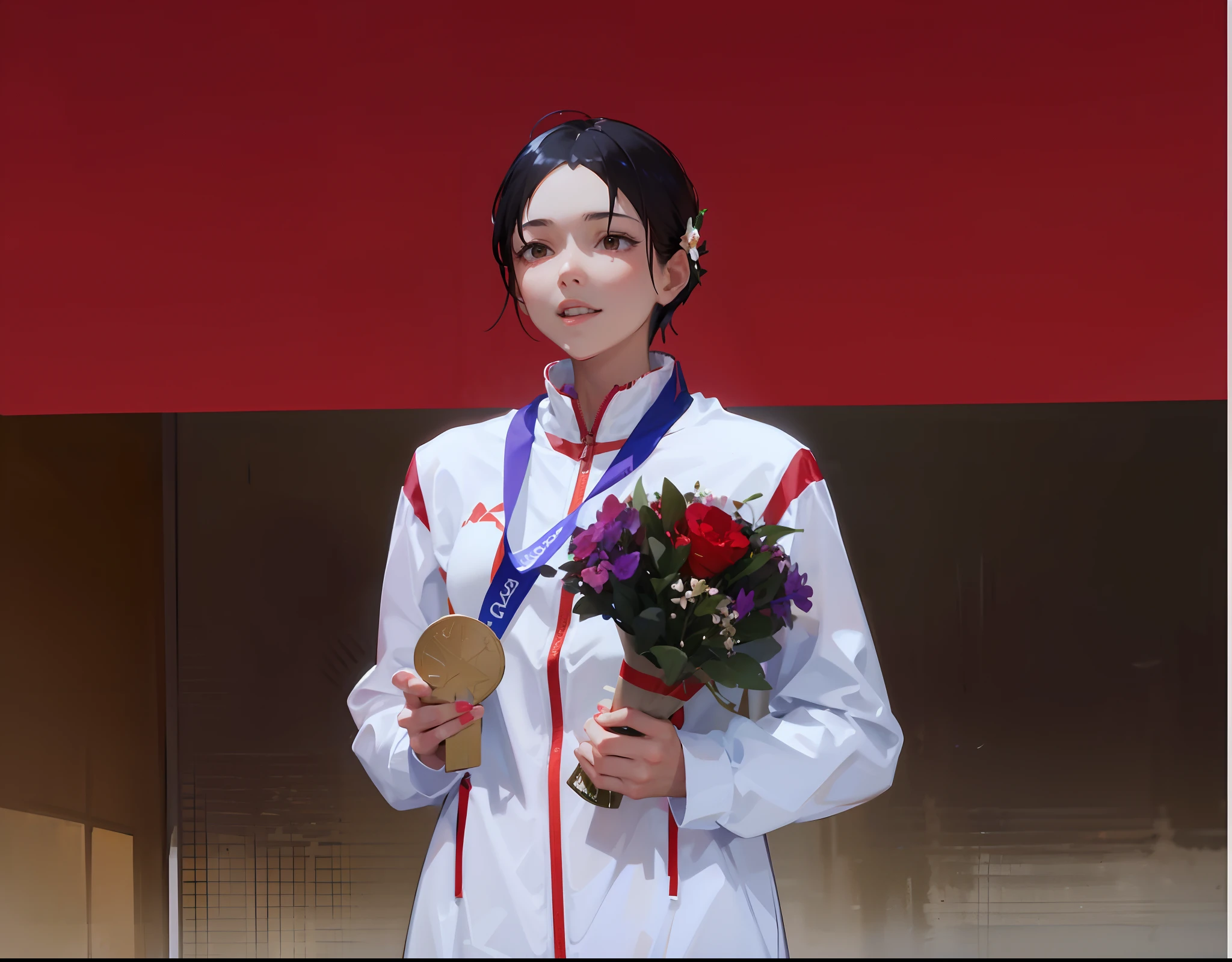 Young woman,wearing white clothes,It has red stripes on it,Wear a gold medal,Holding flowers,ssmile,Action details,Two-dimensional style,Estilo de Makoto Shinkai