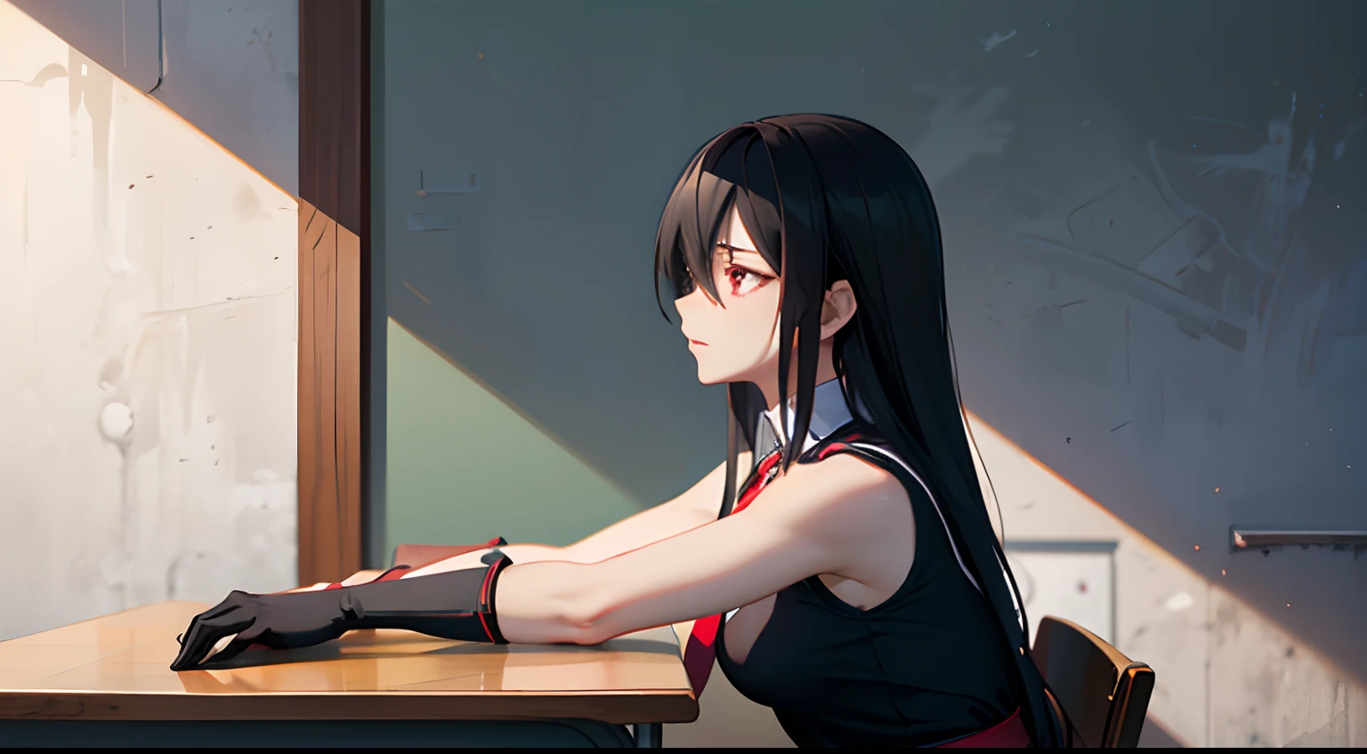 akame , (masterpiece, best quality), beautiful red eyes,shiny skin,sharp eyes,insanely detailed face,contrapposto, (very long hair))),(((solo, 1girl,))), black hair, ((medium breasts)),(( sleeveless black shirt, red tie, black skirt, white collar shirt, red belt, hidden hands)),hair between eyes, ass, big eyes,face focus, muscle, slim body,long black gloves, red bracer,siting on table, background classroom, profile