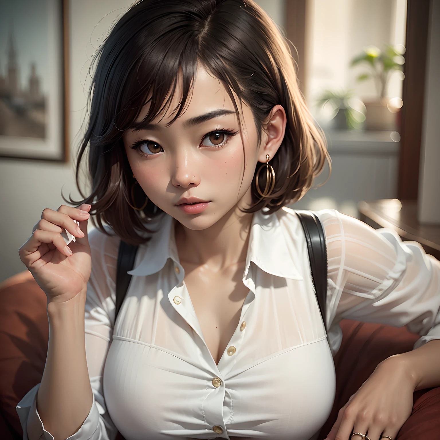(master-piece: 1.2, beste-Qualit), (Real picture, intricate detailed), single, Asian Girls, Short brown hair, house, facial close-up, dress shirt, (Front Focus), Large round earrings, Look at me., smooth