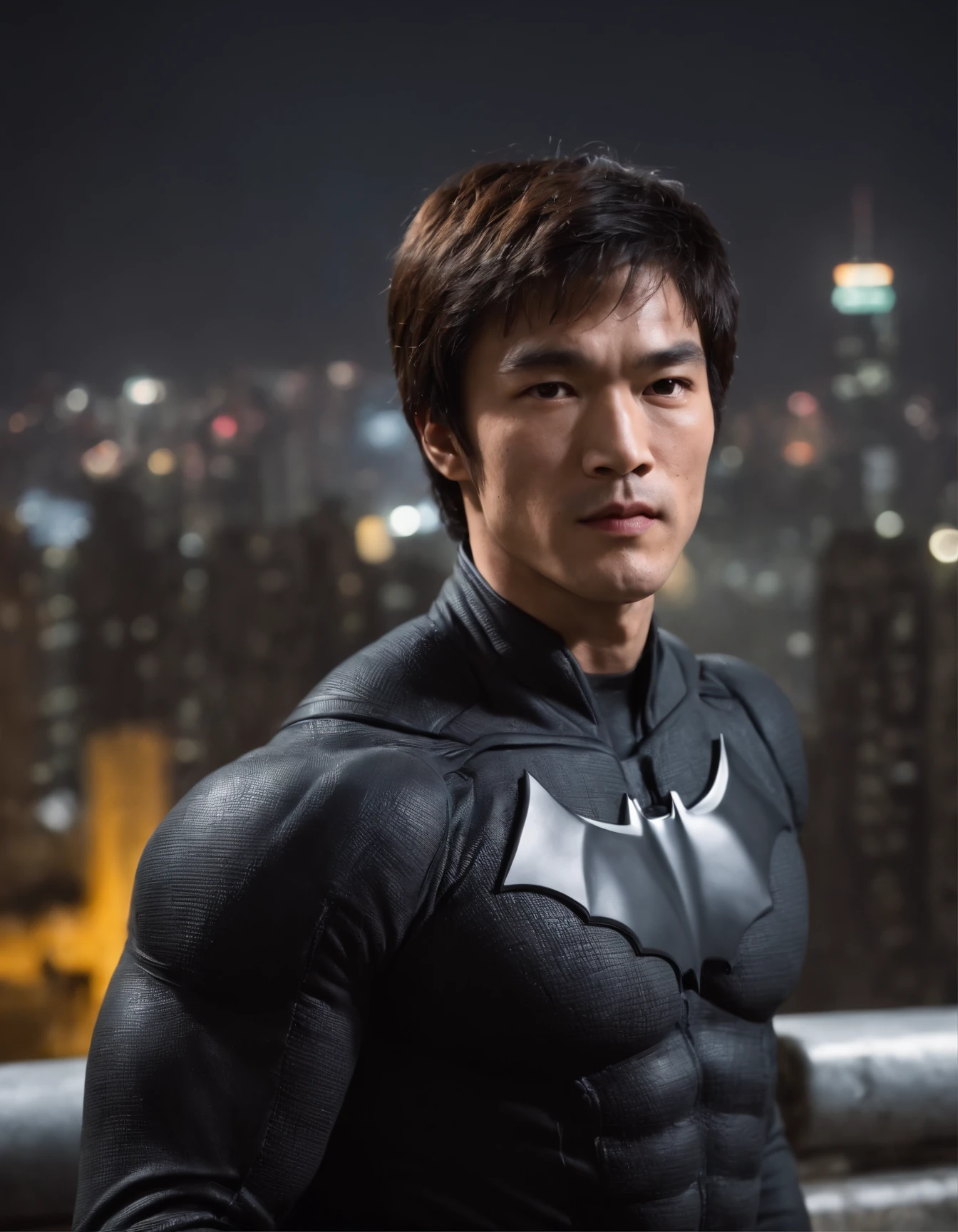face focus shot, 1 man, solo, Bruce Lee as Batman, tall, hunk, muscular, bulk, wide shoulder, photorealism, smirking face, crossed arms, (leaning onto a wall), dark dirty grey suit, dark grey arms, ((no mask)), mask off,
black hair, black gloves, best quality, masterpiece, high resolution:1.2, NO cape , award winning, night time, Hong Kong city background