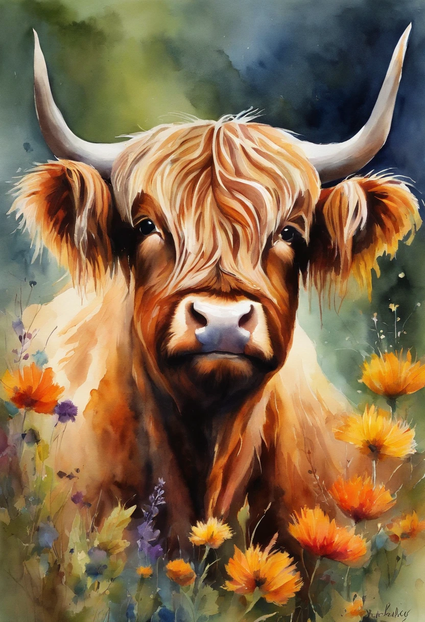 Little Highland cattle,Cubs,There are autumn flowers on the head,up front view,Small Highland Bullhead,bust,Ink color art,plethora of colors