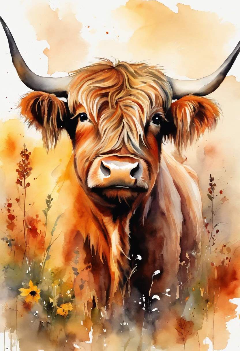 Little Highland cattle,Cubs,There are autumn flowers on the head,up front view,Small Highland Bullhead,bust,Ink color art,plethora of colors
