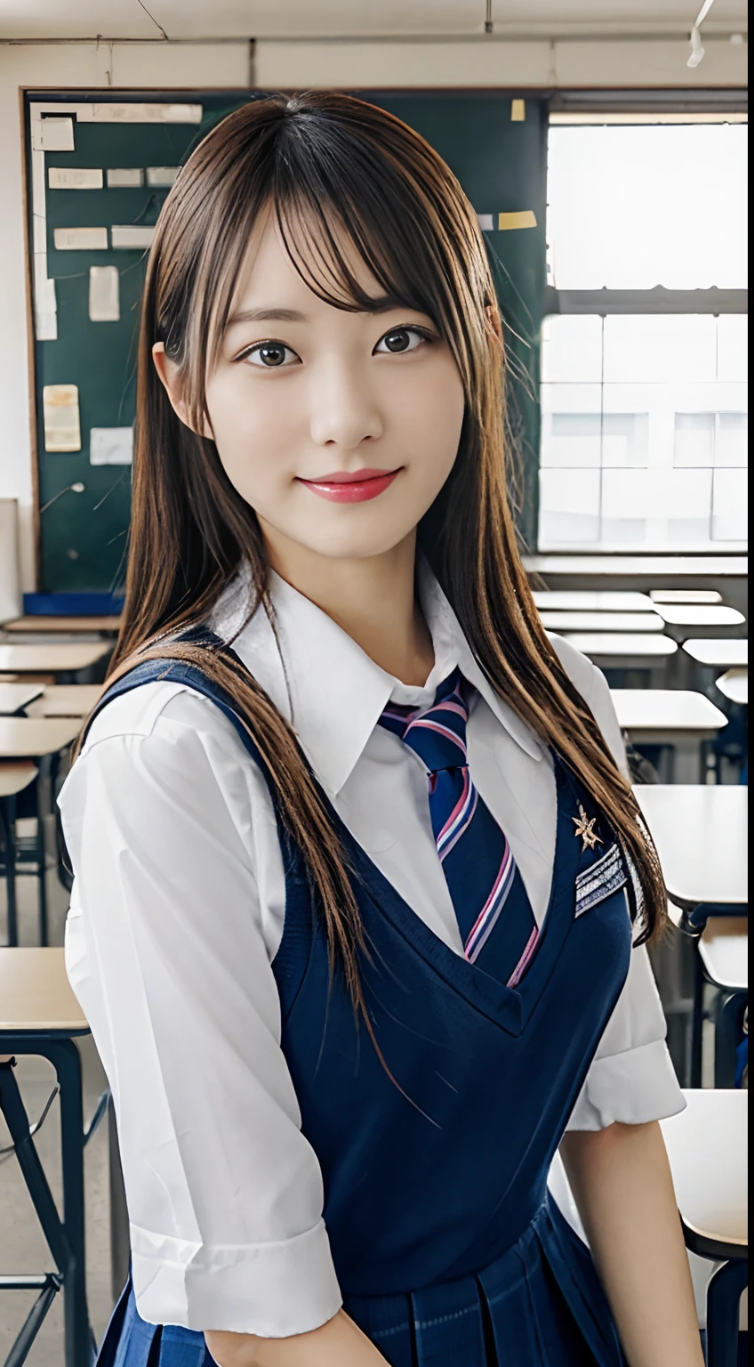 Top image quality, A Japanese Lady, 8K, Raw photo, top-quality, masutepiece, Textured:1.2, High-definition color RAW photos, Pro Photography, (realisitic, photoRealstic:1.37), (high-detail skin:1.2) (lenz 50mm), (mastserpiece, top-quality:1.3), (Very fine 8K and CG:1.2), (hyper realisitic:1.35), (photoRealstic:1. 45), (realisitic:1.4), Cowgirl, a beauty girl, 22year old, super model, Japanese ido,, Colossal tits, (sit on desk:1.1), (in school uniform:1.4), (Opening legs:1.2), (The background is a school classroom:1.1), Idol, 乃木坂アイドル, hposing Gravure Idol, Adults, 女優