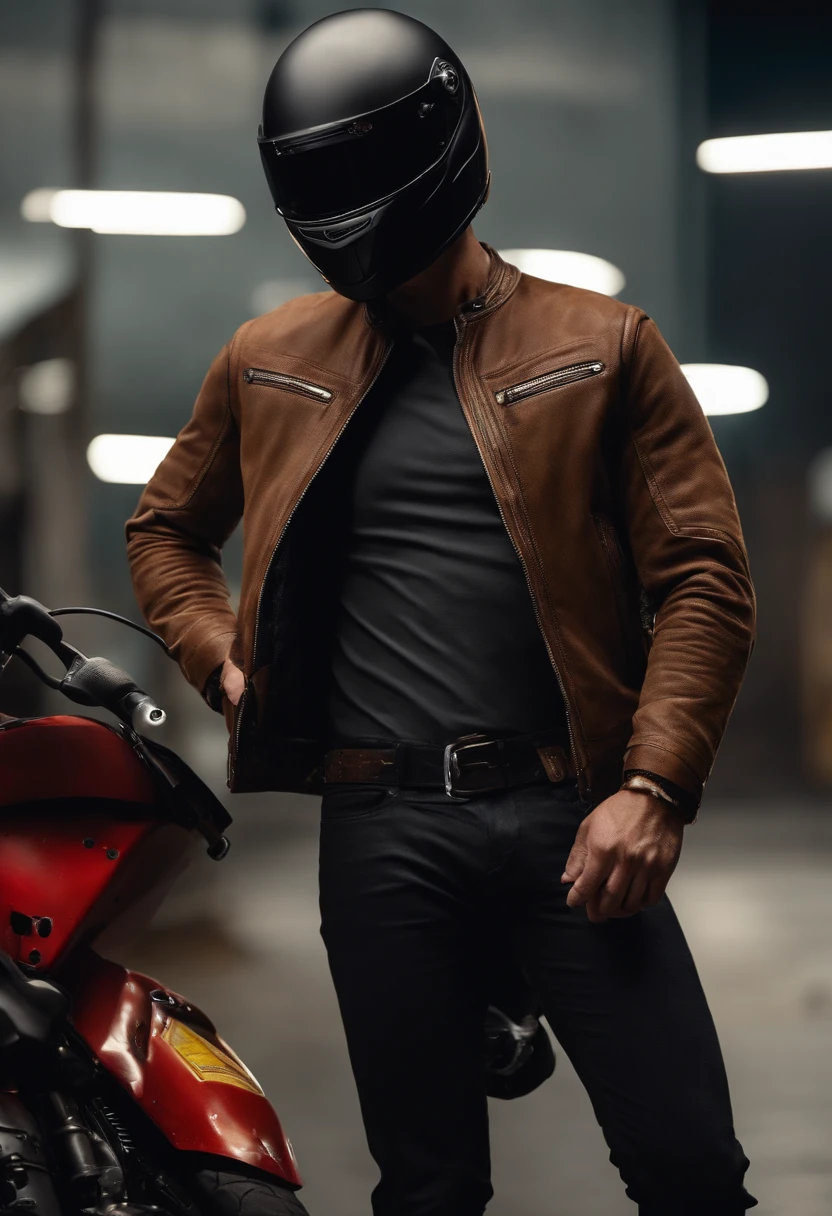 Make a guy with a tough brown black motorcycle helmet with a torn jacket on his shoulders showing his cock