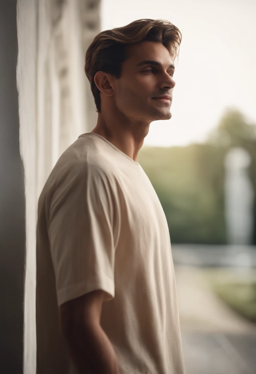(photo: 1.3) DE (realism: 1.3), Men's head shooting, Soft Light, Mise au point sur le visage, ((((T-shirt blanc))) content, gai, Souriant, Warm Light, ((blank background)) , Photo de profil, (cheveux longs ou cheveux courts), Souriant, beau, jeune, , Cheveux courts, Souriant