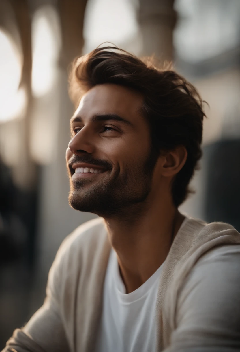 (photo: 1.3) DE (realism: 1.3), Men's head shooting, Soft Light, Mise au point sur le visage, ((((T-shirt blanc))) content, gai, Souriant, Warm Light, ((blank background)) , Photo de profil, (cheveux longs ou cheveux courts), Souriant, beau, jeune, , Cheveux courts, Souriant