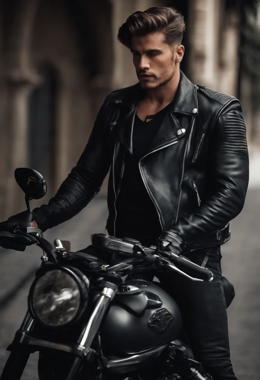 Make a guy with a hard black brown motorcycle helmet with a torn jacket on his shoulders showing off his dick
