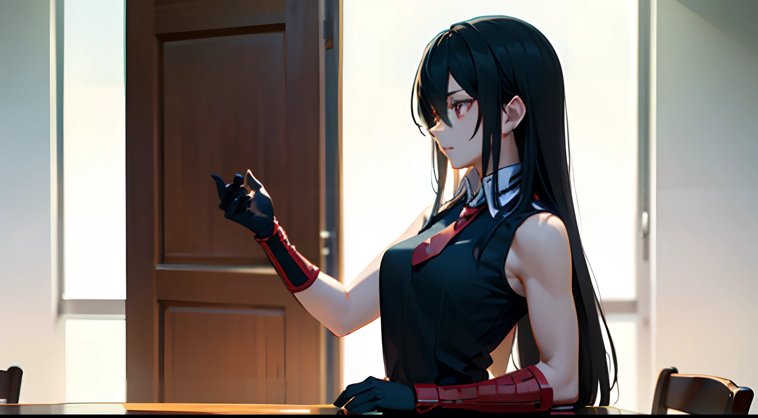 akame , (masterpiece, best quality), beautiful red eyes,shiny skin,sharp eyes,insanely detailed face,contrapposto, (very long hair))),(((solo, 1girl,))), black hair, ((medium breasts)),(( sleeveless black shirt, red tie, black skirt, white collar shirt, red belt, hidden hands)),hair between eyes, ass, big eyes,face focus, muscle, slim body,long black gloves, red bracer,siting on table, background classroom, profile