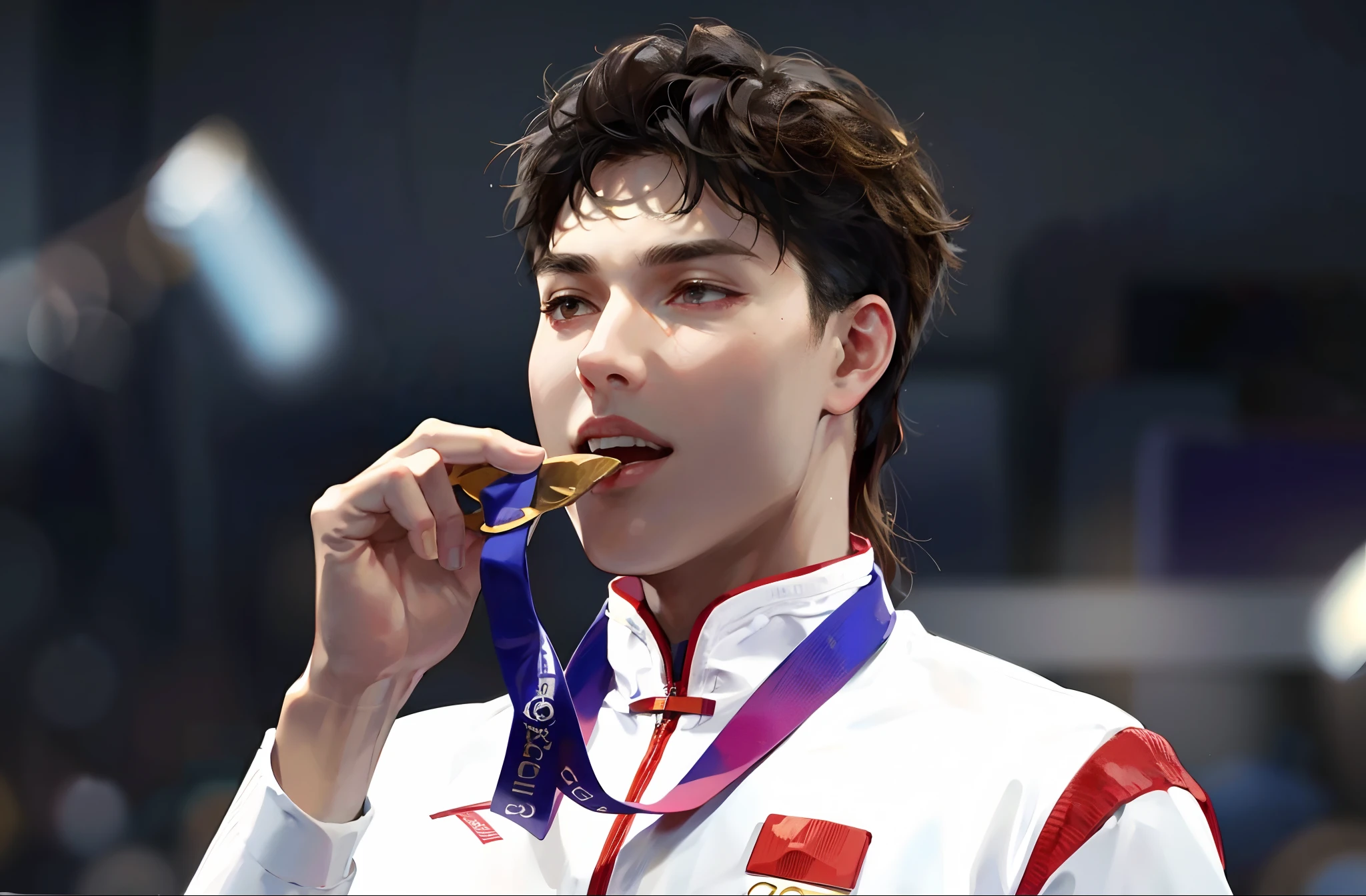 man,wearing white clothes,It has red stripes on it,Biting a gold medal