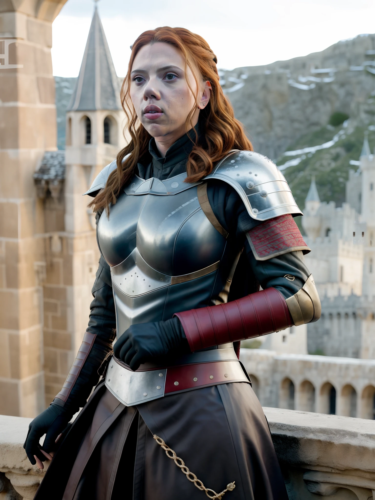 1girl, RAW war battle candid portrait photo, a ((Full Shot)) full body photo of  35 y.o messy good looking  ((Scarlett Johansson)) beautiful, pretty, perfect face, girlboss in a (sexy armor weapons costume) in (( game of thrones tv show commanding medieval war westeros castle balcony )) 8k uhd, dslr, soft lighting, high quality, film grain, Fujifilm XT3 perfect eyes