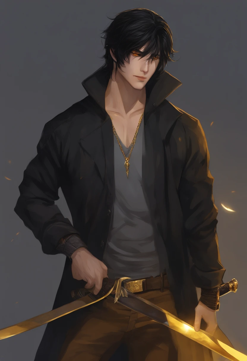 illustration, anime, black hair, man, long black jacket, grey t-shirt, brown denim jeans, katana, yellow eyes.