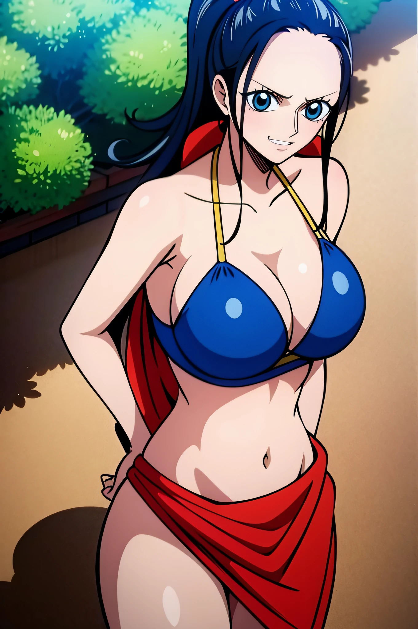 Robin de One Piece, sexy pose, What if , Elly, Red sari, 8k, anime, Shore, Big Boob, large ass, Looks sexy perfect quality eyes blue eyes standing blue bikini