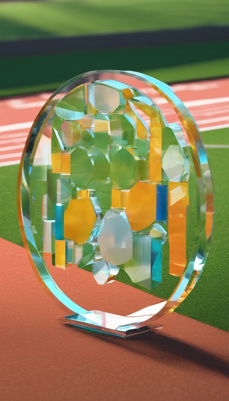 Glass round medal。 Acrylic material。Place vertically on the grass in the middle of the stadium on the runway。Athletics field。Sense of space
