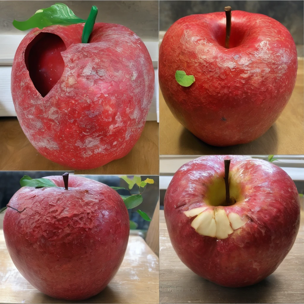 A whole apple (Half an apple: 1.2) gradually (reserve: 1.3), Half an apple, Eaten by mold, Mold infestation, decay, Two objects of the same shape, The apple rots at one end, 35mm lens, mysterious, Mystical, symbolic, Intricate, Detailed.