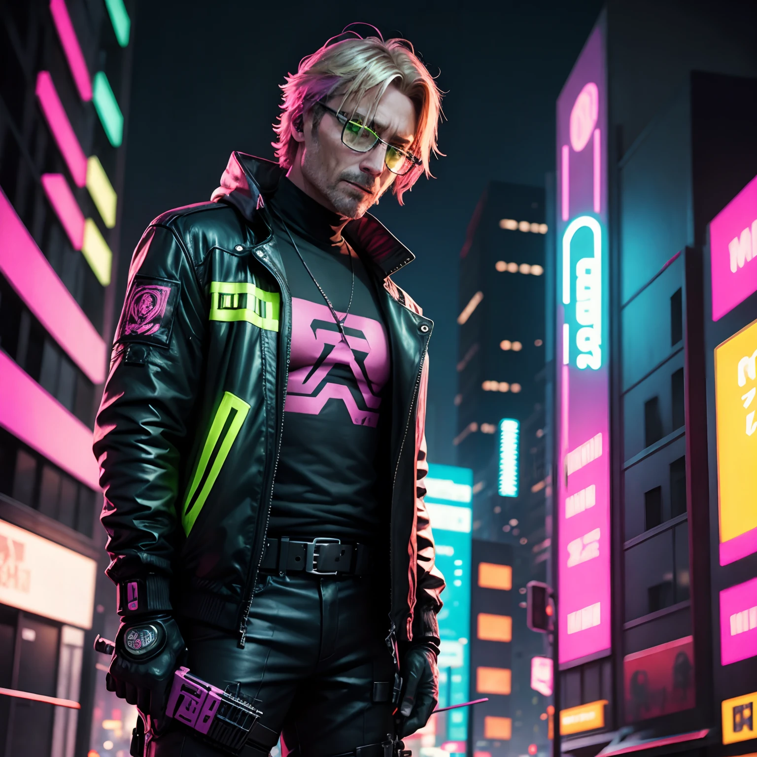 Cyberpunk neon green man wearing glasses on pink cityscape background、Mads Mikkelsen、Mercenary veteran,Assassin,Knives