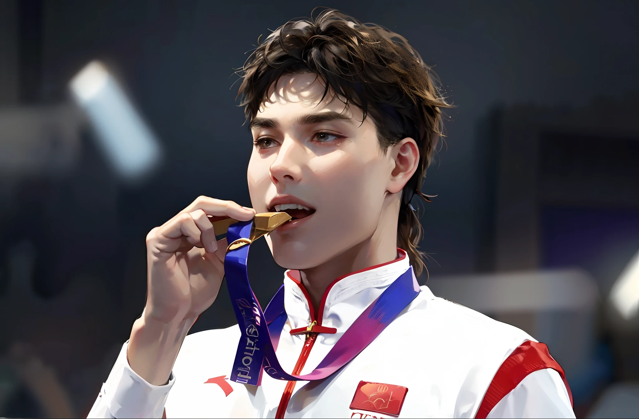 man,wearing white clothes,It has red stripes on it,Biting a gold medal