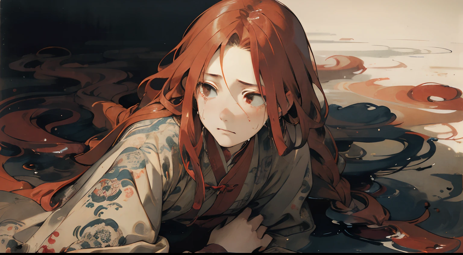 layered textures, sad, Single Color, Calotype, Slim Yuan Dynasty, r, Male, Long Red hair, Side-swept braids, Offset print, Oversaturated, cried, Serious