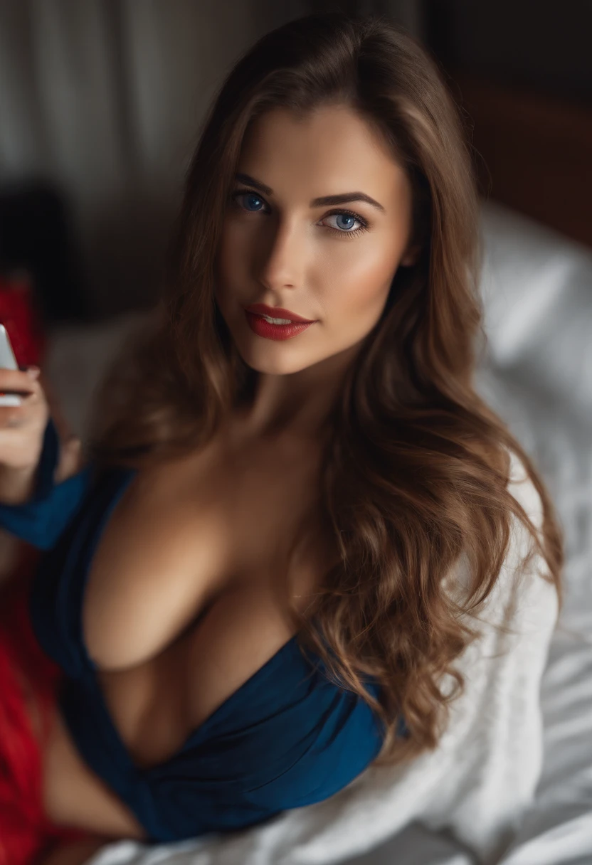 young woman, 22 years old, long brown hair, blue eyes, big breasts, posing in her bedroom, taking a photo in a mirror with her cell phone, red bikini, very sensual, super realistic, the model must have the cell phone in her hand to take the photo
