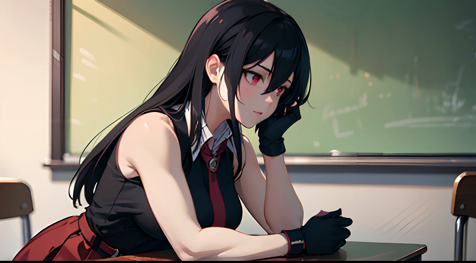 akame , (masterpiece, best quality), beautiful red eyes,shiny skin,sharp eyes,insanely detailed face,contrapposto, (very long hair))),(((solo, 1girl,))), black hair, ((medium breasts)),(( sleeveless black shirt, red tie, black skirt, white collar shirt, red belt, hidden hands)),hair between eyes, ass, big eyes,face focus, muscle, slim body,long black gloves, red bracer,siting on table, background classroom, profile