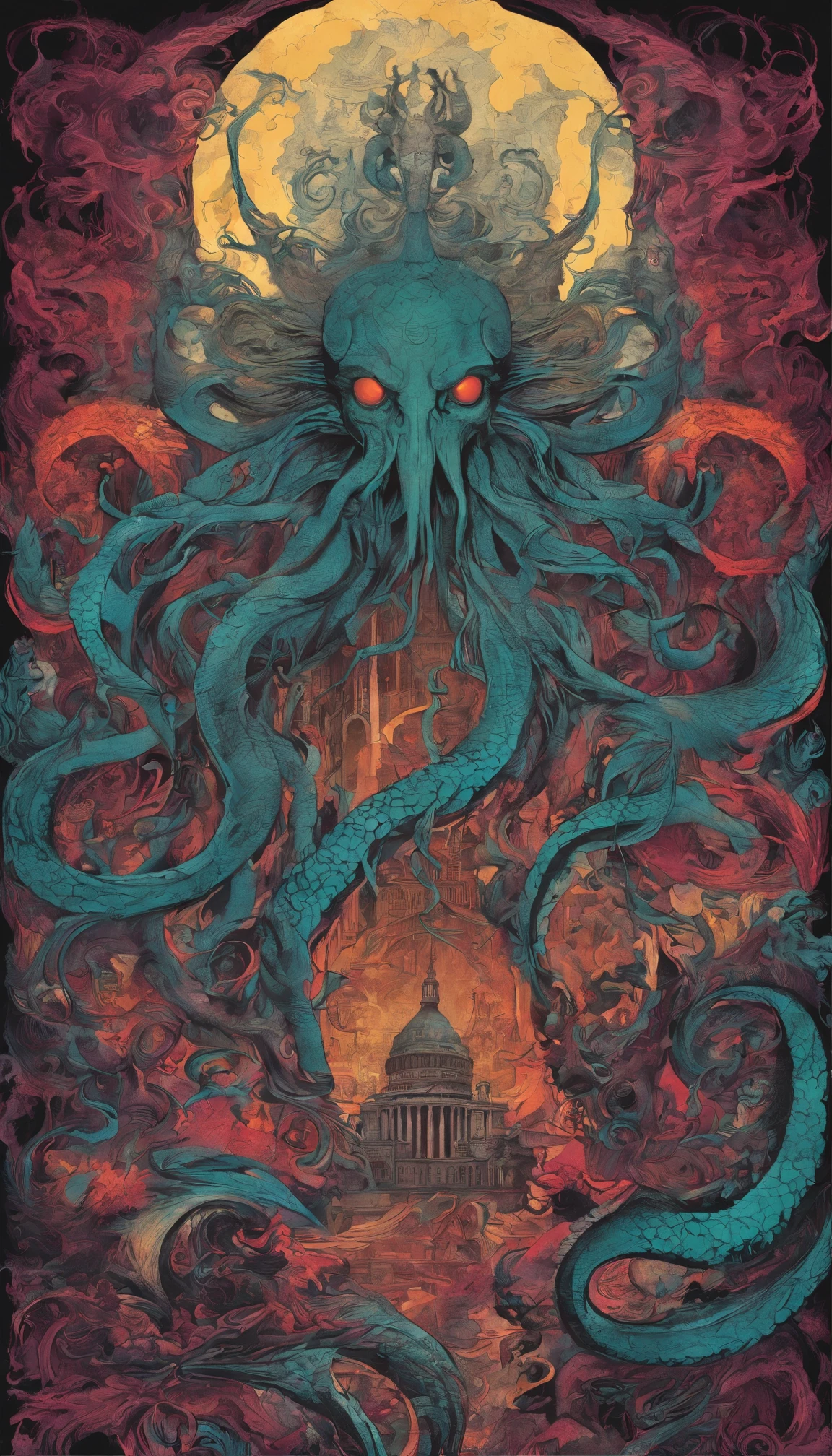 From the depths he emerges, devil,
The Cthulhu's Parade in crimson hues.
Whispers of the otherworldly echo,
A festival where madness and beauty fuse.
In the night sky adorned with abyssal splendor,
Feathers stained with blood dance and soar.
Entwined by threads of fate,
The deranged revel in ecstasy's roar.
Oh mighty Cthulhu, ruler of the depths,
In our pursuit of desires so forlorn,
We embark on a path of madness and despair,
Guided by the disciples of the one we adorn.
On the grand boulevard, grotesque forms stride,
Where terror and beauty intertwine.
In the realm betwixt dreams and nightmares,
We surrender ourselves to euphoria's shrine.
Praise his name, the great Cthulhu,
Monarch of the abyss, the wellspring of our insanity.
In this eternal procession's stage,
We celebrate the coming of the world's calamity.