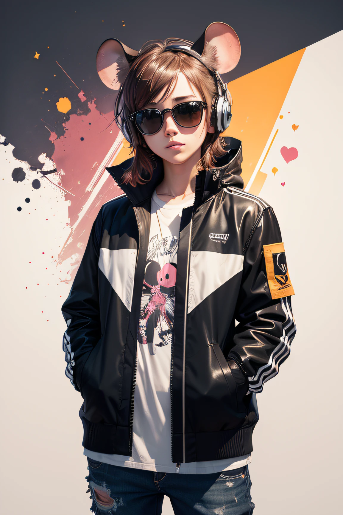 Perfect centering, Cute mouse, Wear a student team jacket, Wearing sunglasses, Wearing headphones, cheerfulness, Standing position, Abstract beauty, Centered, Looking at the camera, Facing the camera, nearing perfection, Dynamic, Highly detailed, smooth, Sharp focus, 8K, high definition resolution, illustration, Art by Carne Griffiths and Wadim Kashin, White background