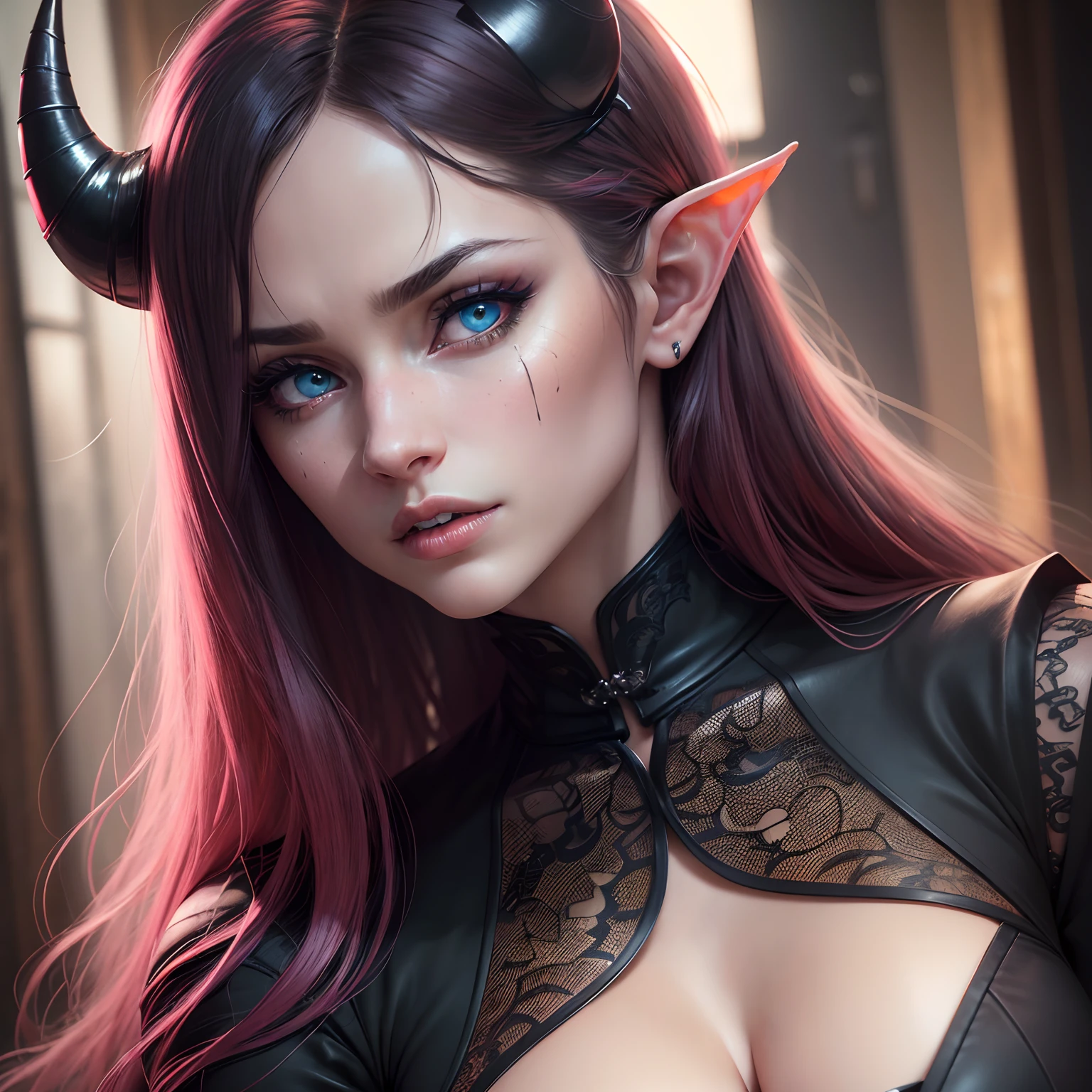 (highres:1.2),ultra-detailed,(realistic,photorealistic,photo-realistic:1.37),portraits,beautiful detailed eyes,beautiful detailed lips,extremely detailed eyes and face,scary,close-up,black claws,long pink loose hair,long sharp black horns,pure blue eyes,elf ears,wearing a business suit