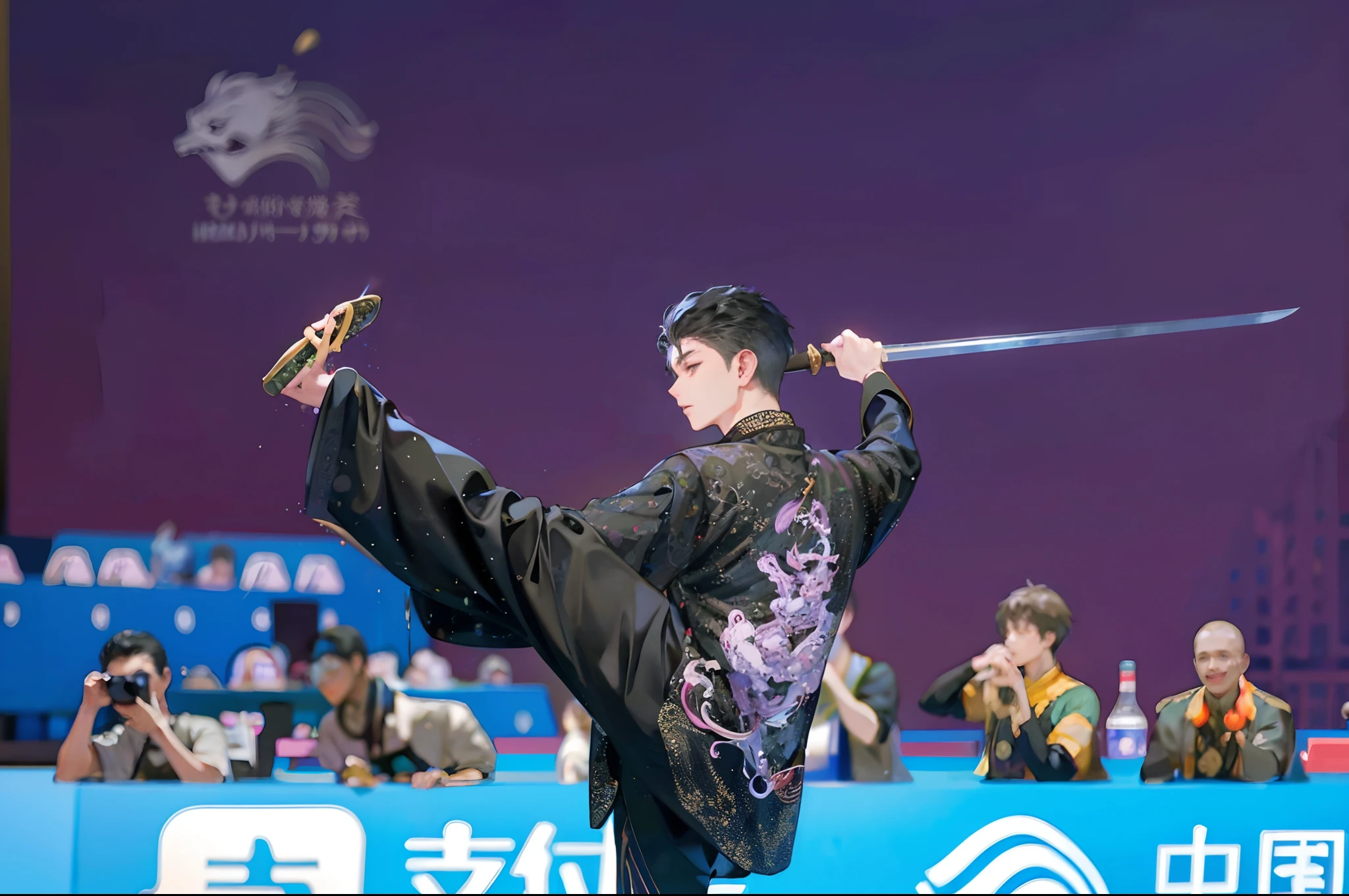 Young men，Wearing black traditional Chinese Tai Chi costumes，There are purple dragon embroidery on the back of the clothes，Long sword in hand