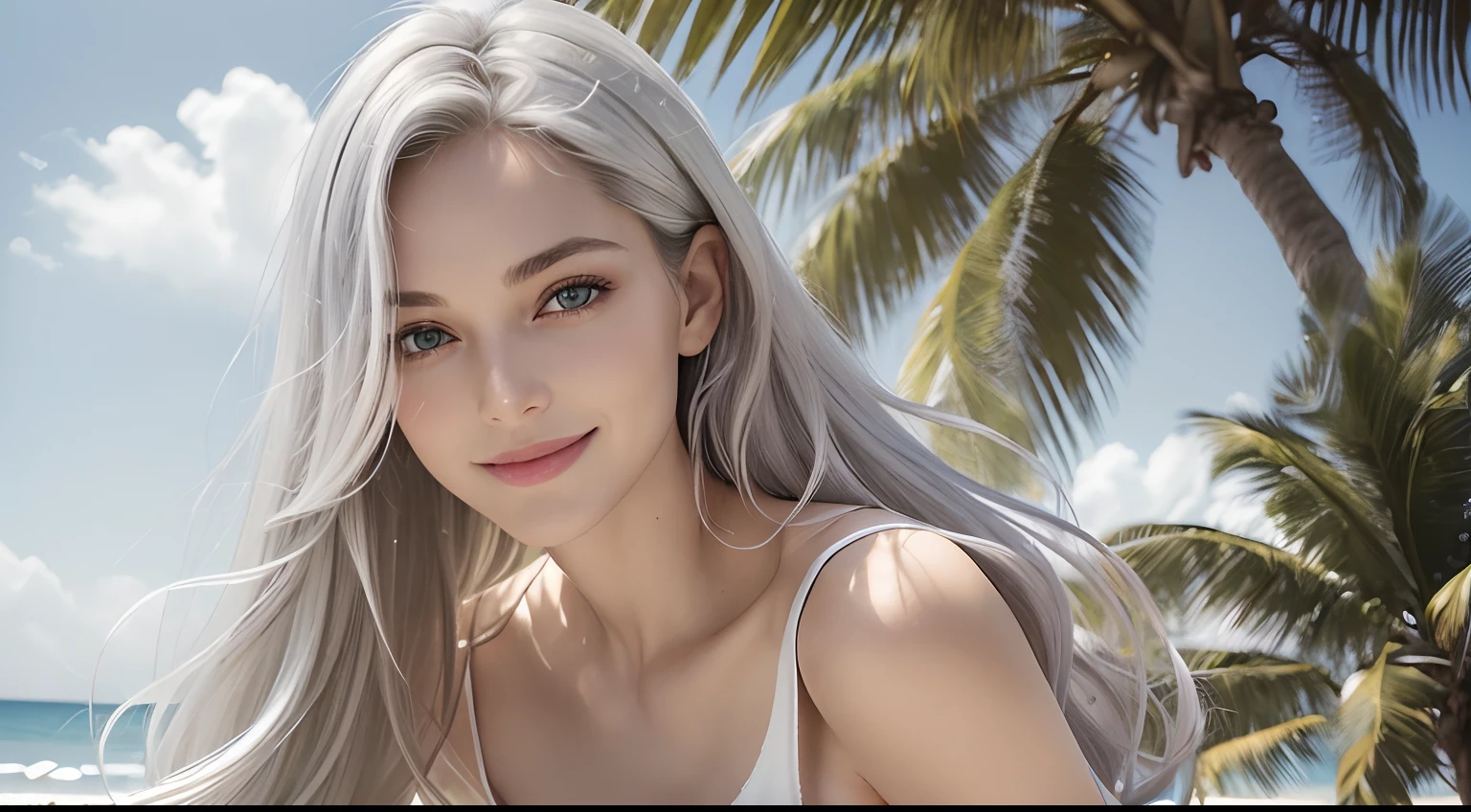 (Masterpiece, Best Quality, Photorealistic, high resolucion, photography, :1.3), (Woman in her 40s, )Close-up shots of faces, Close-up shots of faces, Close-up shots of faces, Sharp focus, (1 Girl, A European girl, Popular models), Realistic skin, Slender body type, Big breasts, (Her long, Pure white silver hair swept to the side, extremely detailed hair), Delicate sexy face, Organoleptic gases, Sparkling lips,(green pupil),(green pupil),(green pupil), ((realisitic, A hyper-realistic, realism, realistic detailed)), (Medium Tits:1.5), (White tank top T-shirt and ripped jean shorts), (A slender waist), (slim thigh), (Small hips), (Sorrisos), (seaside, waves, palm tree) (seaside, waves, palm tree), (Long straight hair), A woman is standing, (Sorrisos), (Sorrisos)