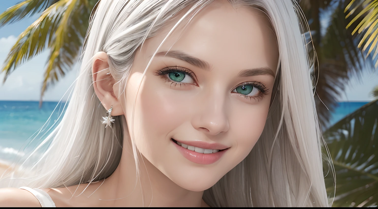 (Masterpiece, Best Quality, Photorealistic, high resolucion, photography, :1.3), (Woman in her 40s, )Close-up shots of faces, Close-up shots of faces, Close-up shots of faces, Sharp focus, (1 Girl, A European girl, Popular models), Realistic skin, Slender body type, Big breasts, (Her long, Pure white silver hair swept to the side, extremely detailed hair), Delicate sexy face, Organoleptic gases, Sparkling lips,(green pupil),(green pupil),(green pupil), ((realisitic, A hyper-realistic, realism, realistic detailed)), (Medium Tits:1.5), (White tank top T-shirt and ripped jean shorts), (A slender waist), (slim thigh), (Small hips), (Sorrisos), (seaside, waves, palm tree) (seaside, waves, palm tree), (Long straight hair), A woman is standing, (Sorrisos), (Sorrisos)