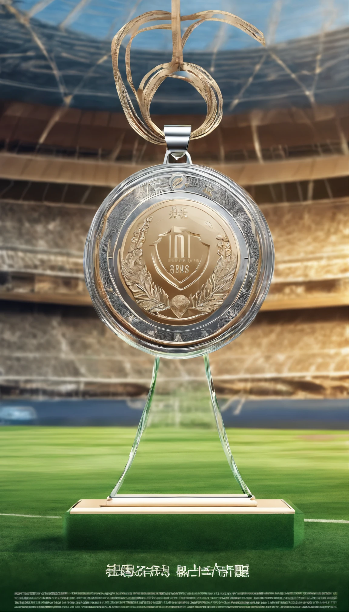 Glass round medal。 Acrylic material。Place vertically on the grass in the middle of the stadium on the runway。Athletics field。Sense of space