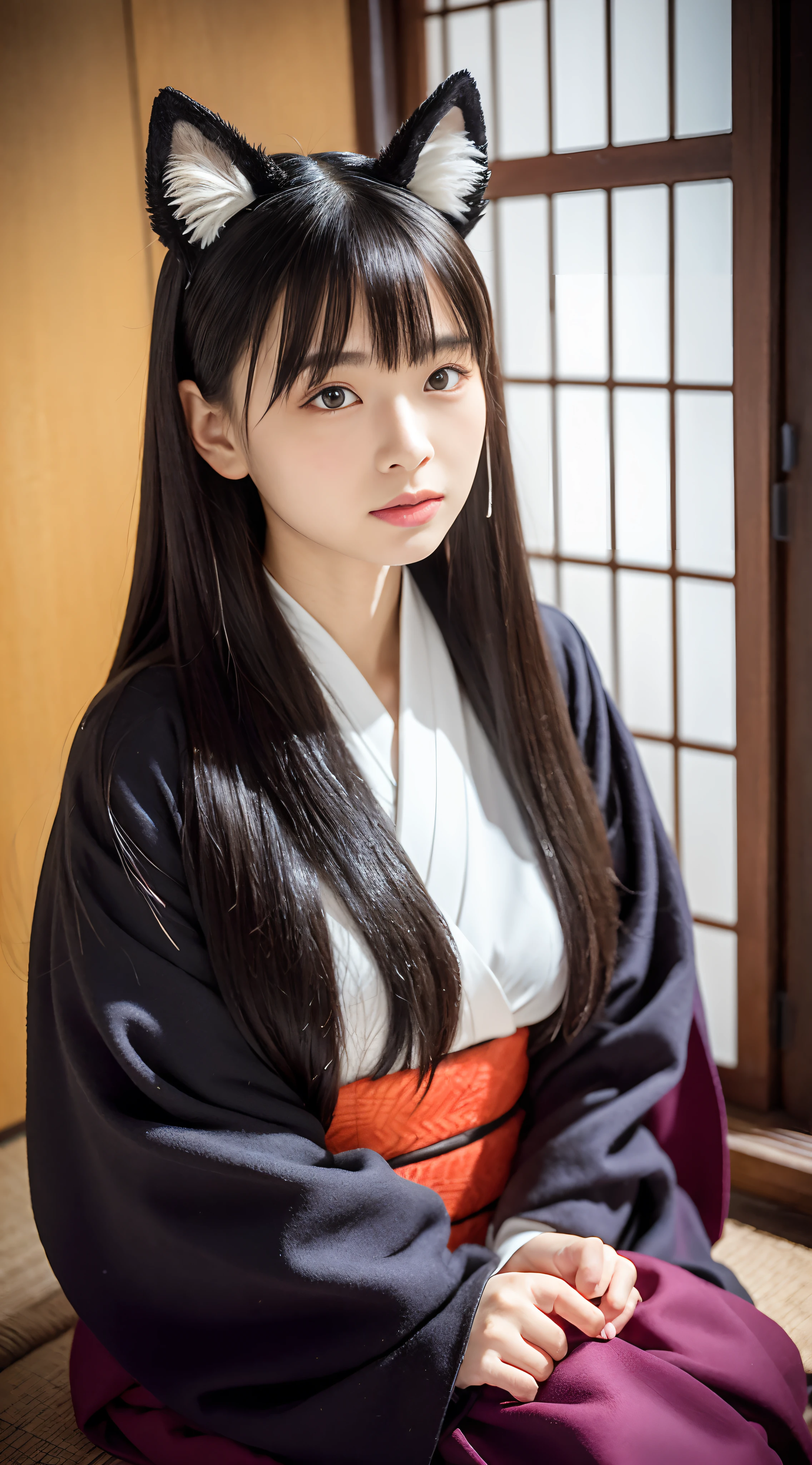 （Black fox ears）、（Black Foxtail）、（Golden Eyes:1.2）、Beautiful Japan kimono in purple, black and white、Floral kimono、Beautiful Japan kimono、Beautiful obi、Japan Chaya、Japanese-style room with tatami mats、Statue of Kannon in the background、Sitting on a red cushion、Beautiful seated statue、Zashiki、beautifull detailed face、looking distantly、beautiful detailed hair、during daytime、15yo student、Semi-long、Black nails、beautiful countenance、​masterpiece、Real Light、Human ears are hidden by hair、Noble lady、long lashes