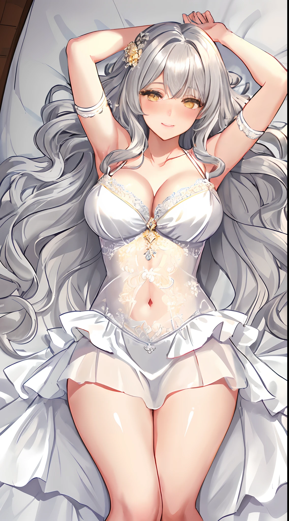 1girl, silver hair, yellow eyes, hair long, wavy hair, medium breasts, blush, light smile, glow, thighs, bare shoulders, collarbone, narrow waist, cleavage, (masterpiece), (beautiful detailed face, beautiful detailed eyes), bedroom, night time, lying on bed, arms up, (from above view), silk nightgown