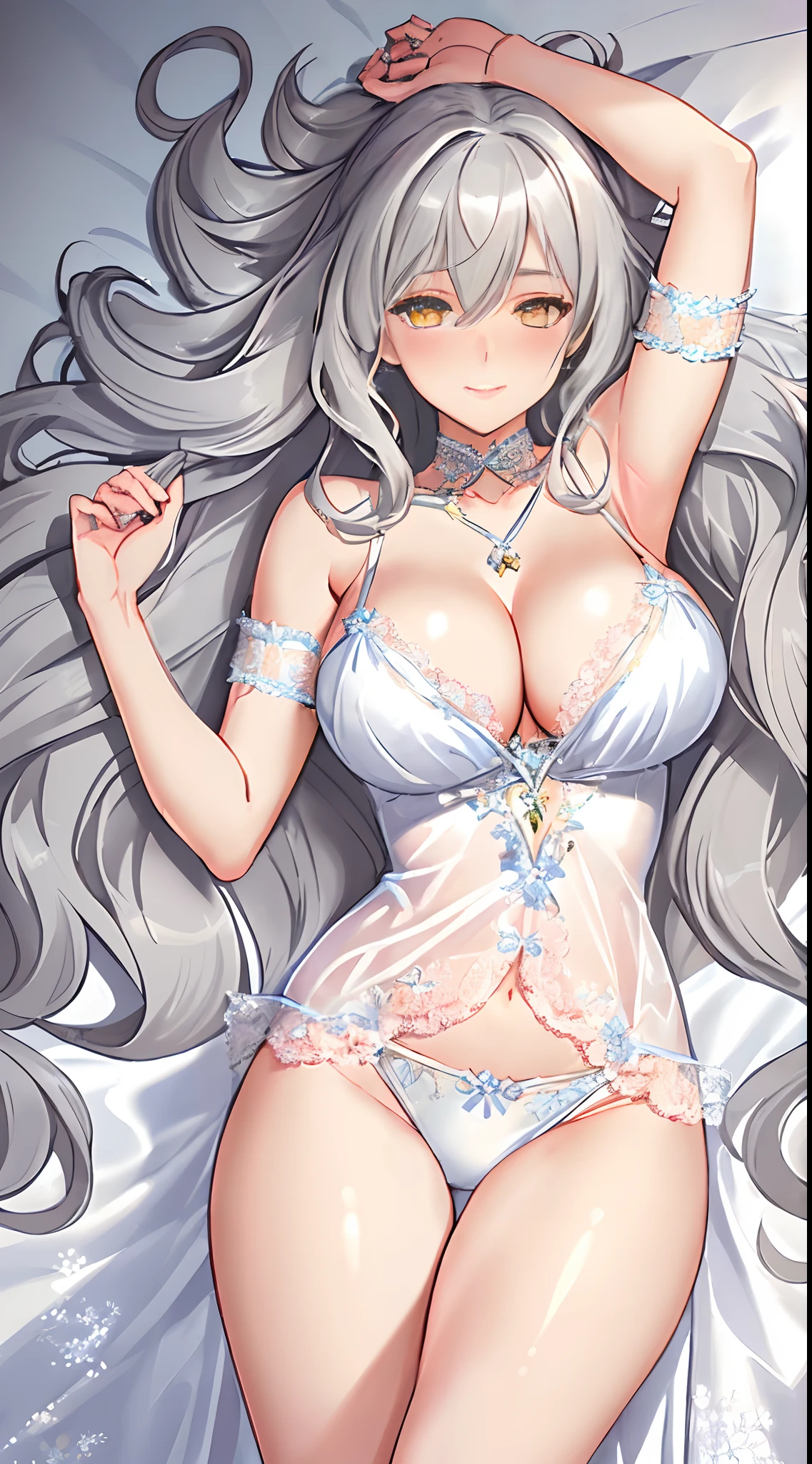 1girl, silver hair, yellow eyes, hair long, wavy hair, medium breasts, blush, light smile, glow, thighs, bare shoulders, collarbone, narrow waist, cleavage, (masterpiece), (beautiful detailed face, beautiful detailed eyes), bedroom, night time, lying on bed, arms up, (from above view), silk nightgown