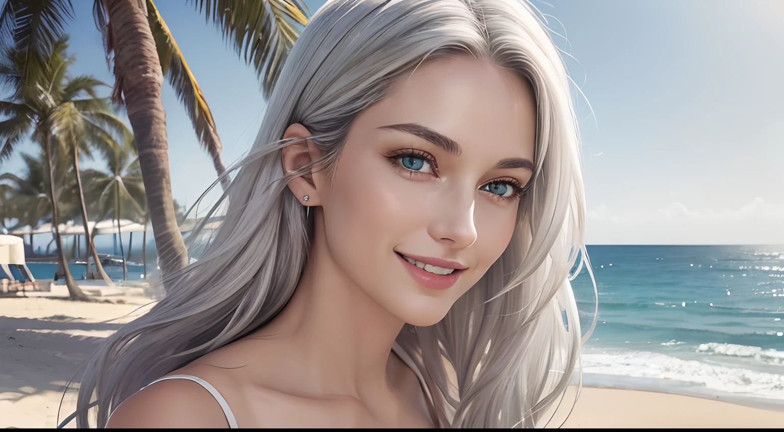 (Masterpiece, Best Quality, Photorealistic, high resolucion, photography, :1.3), (Woman in her 40s, )Close-up shots of faces, Close-up shots of faces, Close-up shots of faces, Sharp focus, (1 Girl, A European girl, Popular models), Realistic skin, Slender body type, Big breasts, (Her long, Pure white silver hair swept to the side, extremely detailed hair), Delicate sexy face, Organoleptic gases, Sparkling lips,(green pupil),(green pupil),(green pupil), ((realisitic, A hyper-realistic, realism, realistic detailed)), (Medium Tits:1.5), (White tank top T-shirt and ripped jean shorts), (A slender waist), (slim thigh), (Small hips), (Sorrisos), (seaside, waves, palm tree) (seaside, waves, palm tree), (Long straight hair), A woman is standing, (Sorrisos), (Sorrisos)