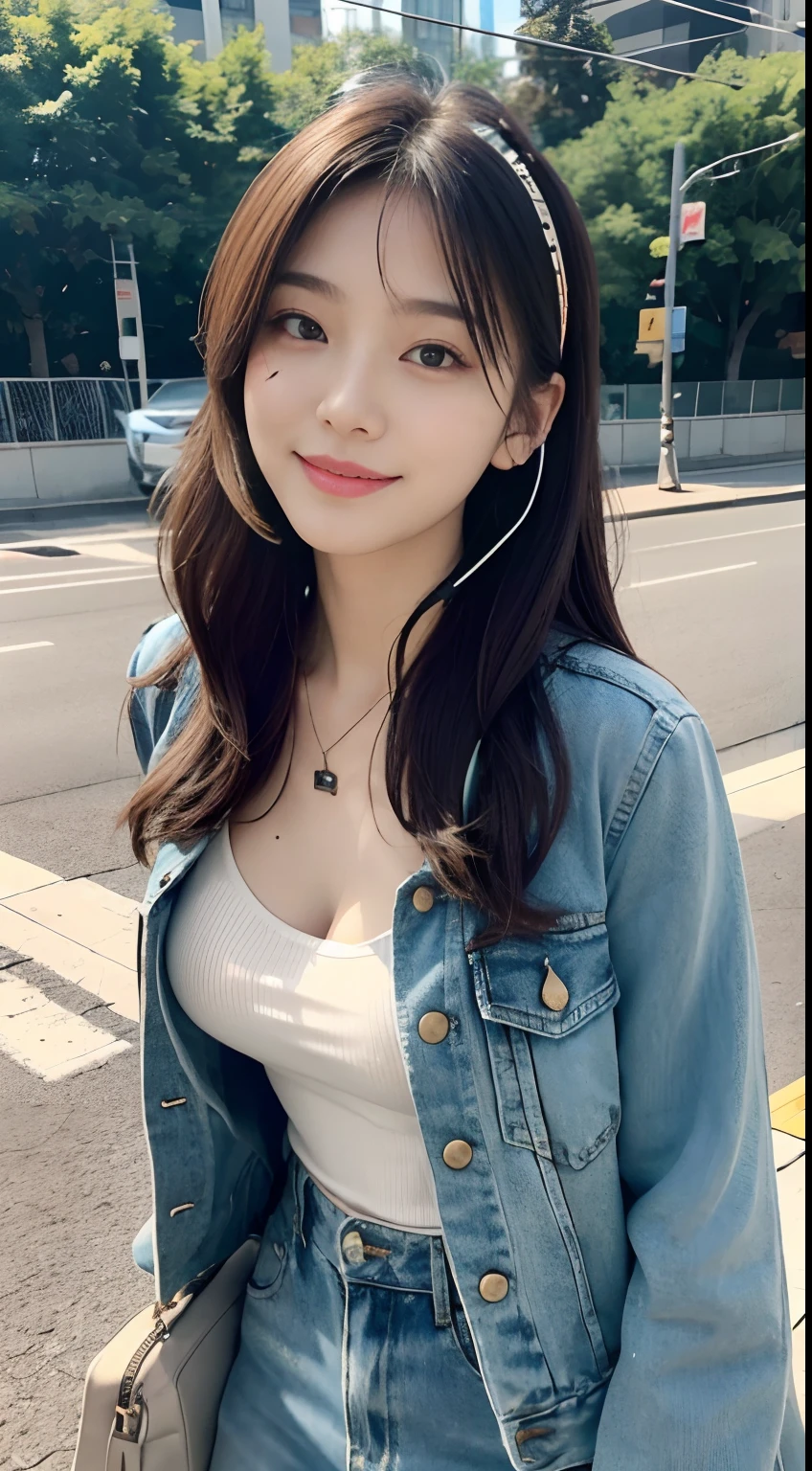((Best quality, 8K, Masterpiece :1.3)), Photorealsitic,1girll, with a good figure, Long legs,The upper part of the body, (long whitr hair, mediuml breasts:1.2), Clothes random, Super detailed face, A detailed eye, 二重まぶた,ssmile,(At the concert site:1.3),Random color clothes,Raised sexy,Listen to songs with headphones,cleavage,Face the lens,Fans