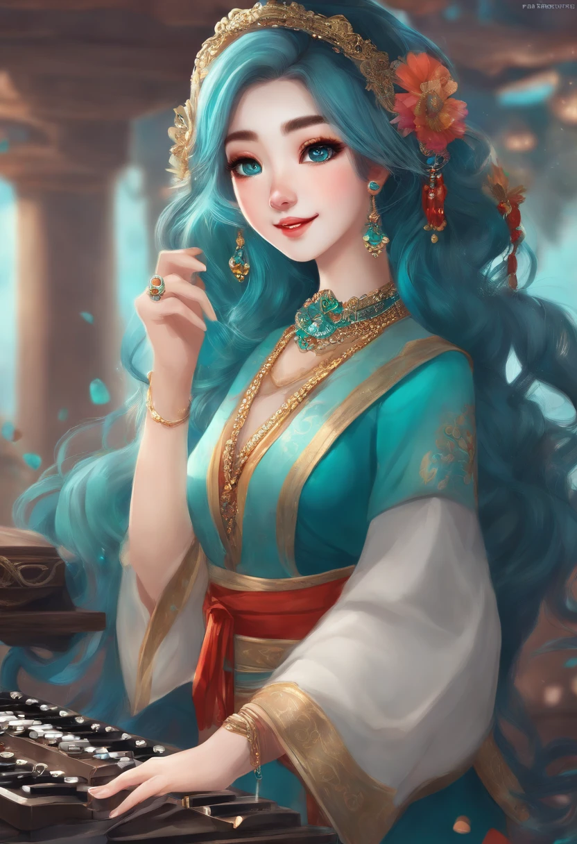 masterpiece, best quality, ultra-detailed, illustration,(1girl),beautiful detailed eyes, looking at viewer, (holding a computer keyboard), happy, (turquoise hair:1), (blue rounded eyes:1), (round earring), (turquoise big gem necklace), cute round face, long hair, smile, fantasy chinese clothes