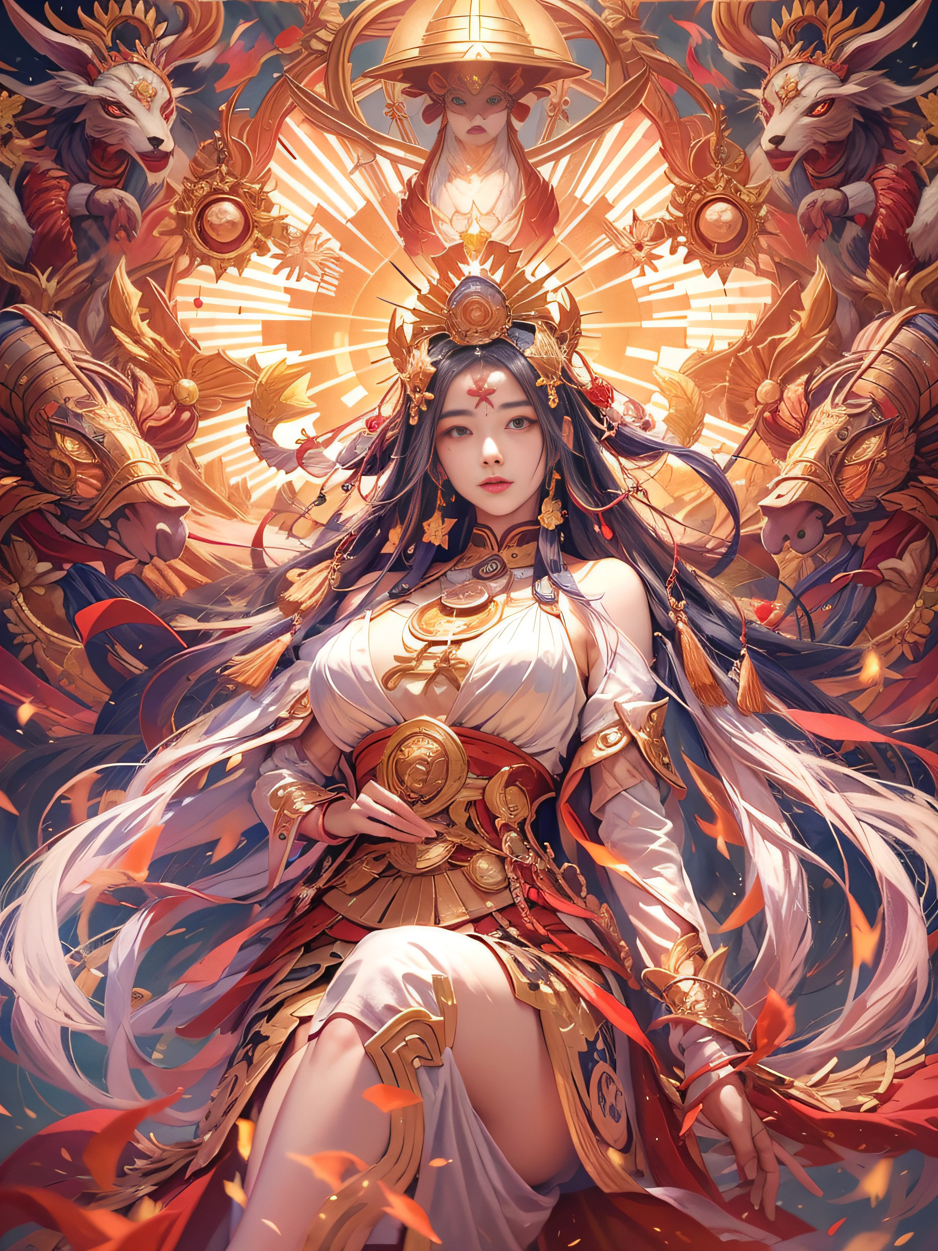 masutepiece, Best Quality,Unity 8k壁纸, ultra-detailliert, Beautiful and aesthetic, Beautiful, Official art, Amaterasu Priestess, SanDisk, Solar Flare Spell, Blessing of the Sun Goddess, divine intervention,Colossal tits、full body Esbian、A bell hangs on his chest　　huge udder　High exposure