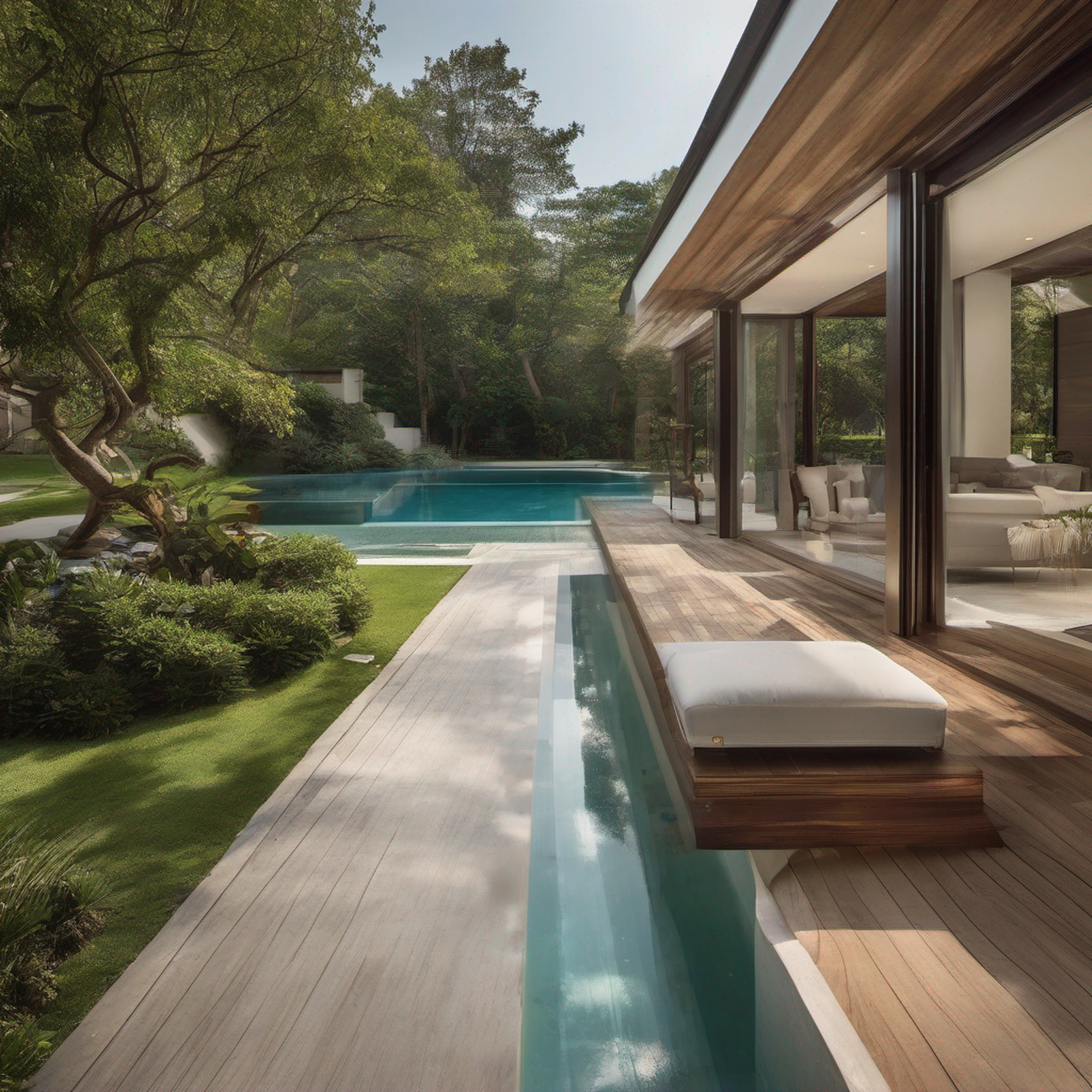 a view of a pool and patio area with a wooden deck, award-winning masterpiece, villa, well-designed masterpiece, sit on the edge of swimming pool, crisp smooth clean lines, exterior photography, next to a tropical pool, crisp smooth lines, immaculately detailed, masterpiece work of art, infinity concentric pool, swimming pool in front, perfectly detailed