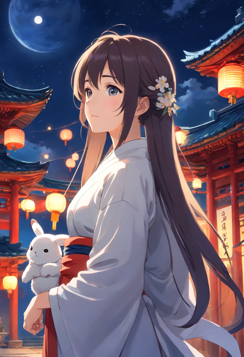 (best quality,highres:1.2),ultra-detailed,moonlit night,under the starry sky,beautiful mature woman with flowing long hair,dressed in ethereal white traditional Chinese attire,teary expressive eyes,looking back with a melancholic gaze,holding a small rabbit in her arms,within the backdrop of ancient Chinese architecture