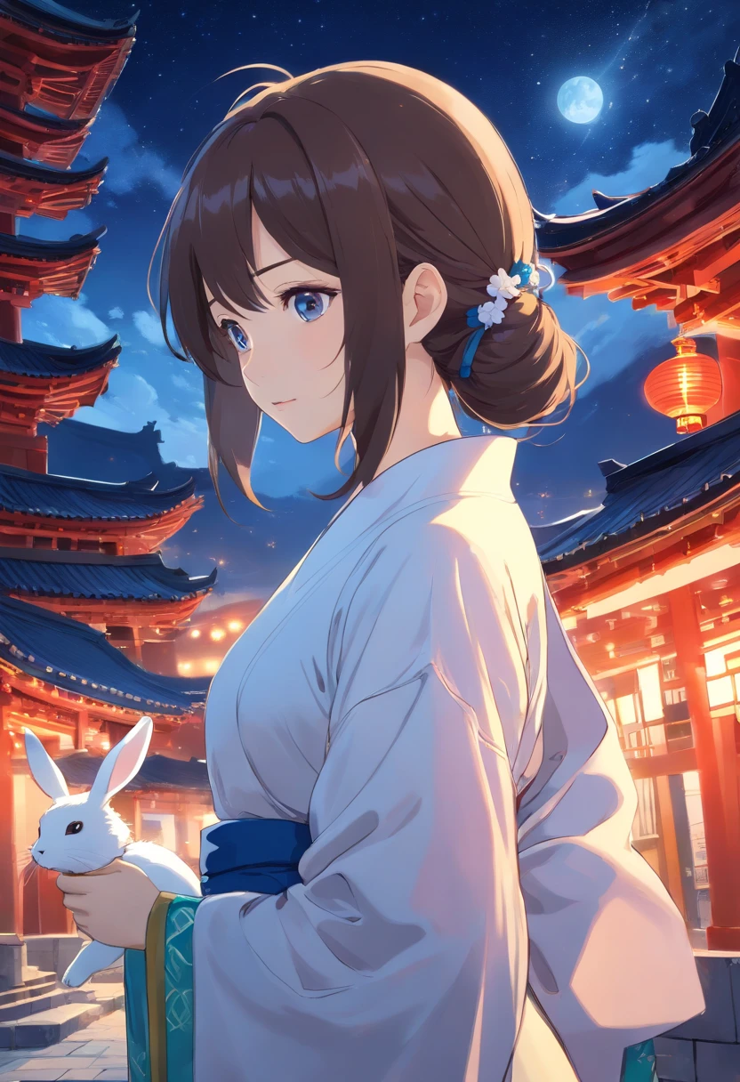 (best quality,highres:1.2),ultra-detailed,moonlit night,under the starry sky,beautiful mature woman with flowing long hair,dressed in ethereal white traditional Chinese attire,teary expressive eyes,looking back with a melancholic gaze,holding a small rabbit in her arms,within the backdrop of ancient Chinese architecture
