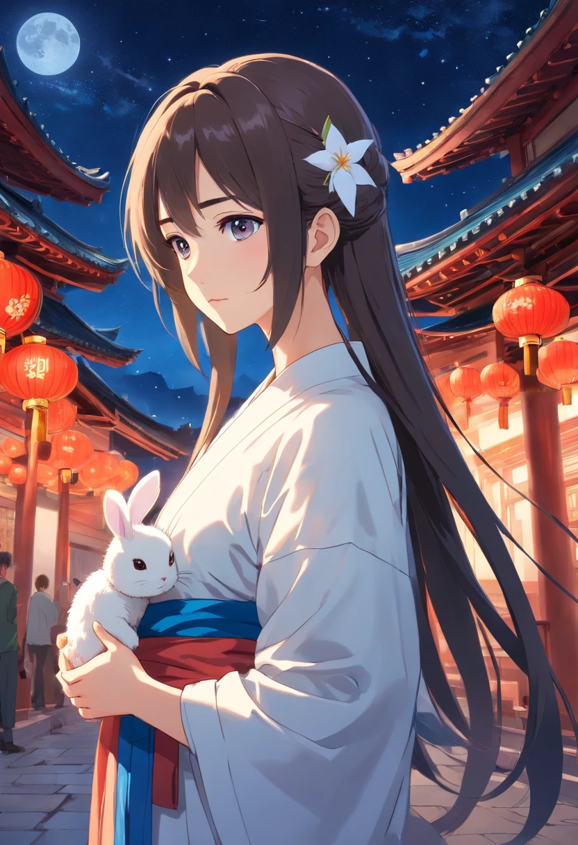 (best quality,highres:1.2),ultra-detailed,moonlit night,under the starry sky,beautiful mature woman with flowing long hair,dressed in ethereal white traditional Chinese attire,teary expressive eyes,looking back with a melancholic gaze,holding a small rabbit in her arms,within the backdrop of ancient Chinese architecture