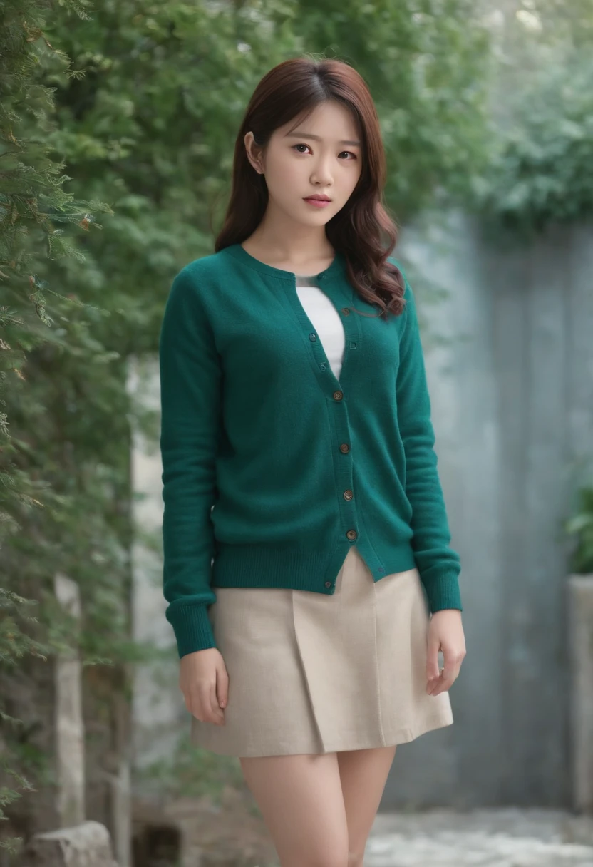 (masterpiece, best quality, highres), arima kana (oshi no ko), cyan cardigan, sweater, dark_green_shirt,miniskirt, standing, open open clothes, solo,
