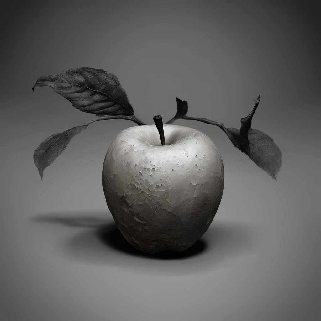 The image of an apple consists of two parts, the right side of the apple and the left side of the apple, The apple on the right crumbles and turns into sand, The left side of the apple looks perfect and has a perfect cut, Apple Branch 1, The apple branch is tilted towards the ideal part of the apple, The apple branch is tilted to the left