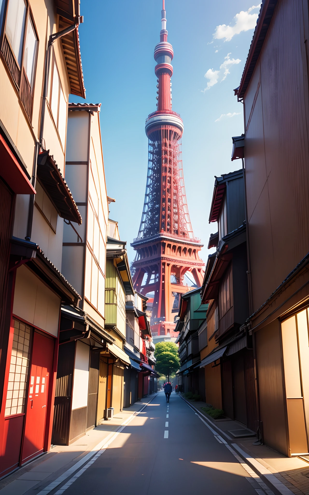 Tokyo Skytree painted red and Tokyo Tower painted blue, masterpiece, super detail, best quality